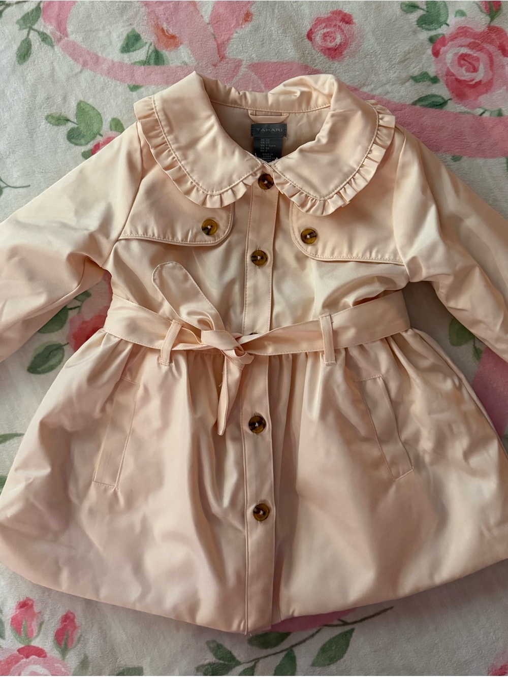 Tahari Peach Ruffle Collar Pea Coat with Belt